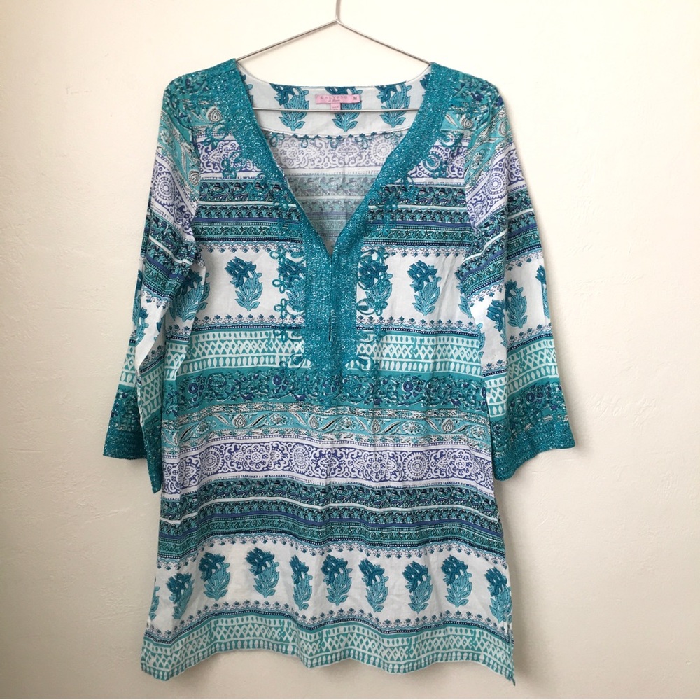 CALYPSO Embroidered COTTON Tunic White/Blue M